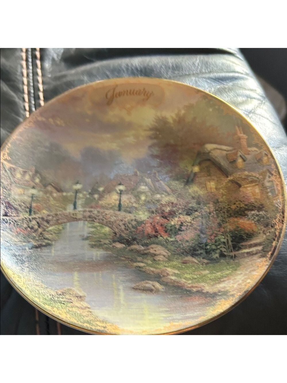 Thomas Kinkade January Bridge Art Plate - Gold and Green